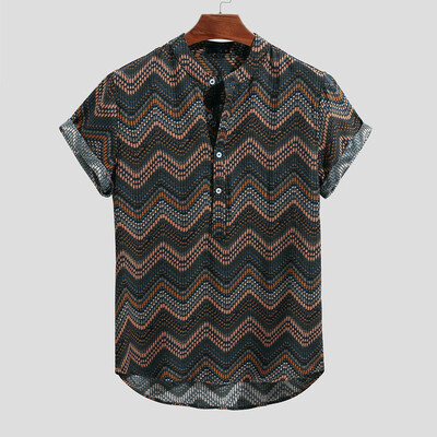 

Toponeto Fashion Mens Ethnic Printed Stand Collar Short Sleeve Loose Shirts Blouse