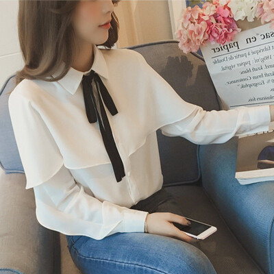 

New Autumn Women Lantern Sleeve Bow Tie Blouses Shirts Women Fashion Solid Blouse Tops Korean Style Female Clothing