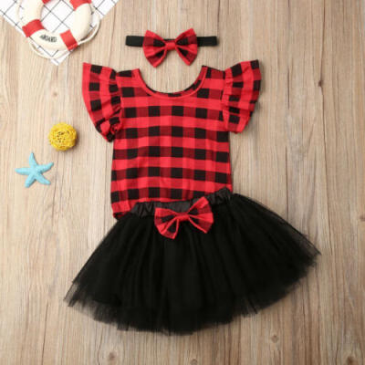 

My 1st Christmas Baby Girl Clothes Plaid RomperTulle DressHeadband 3PCS Outfit