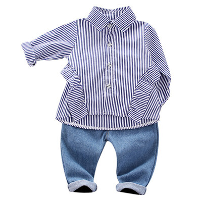 

Autumn Baby Girls Set Long Sleeve Striped Print TopsDenim Pants Trouser Costume Set
