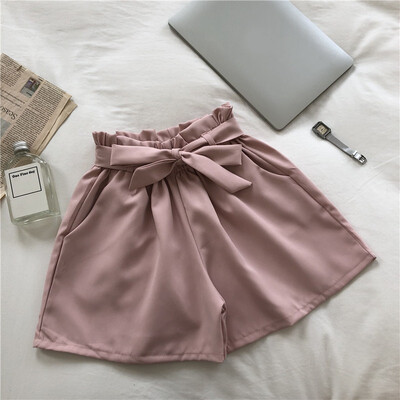 

Women Biker Shorts Spodenki Damskie High Waist Casual Loose Bow Tie Wide Leg Shorts Pantalones Cortos Mujer