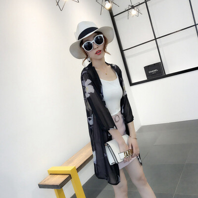 

Summer Womens Cropped Sleeve Print Long Kimono Cardigan Blusas Jacket Casual Loose Sunblock Shirt