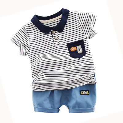 

Kids Cotton Clothes Summer Baby Boys Short Sleeve Striped Cartoon Print Tops Blouse T-shirtShorts Children Casual Outfits Sets