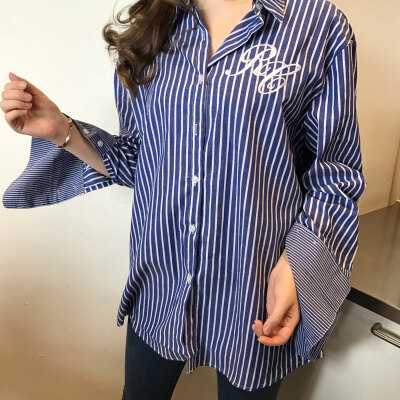 

Women Blue&white striped shirt Ladies Casual Long Sleeve Loose Tops Letters Embroideried