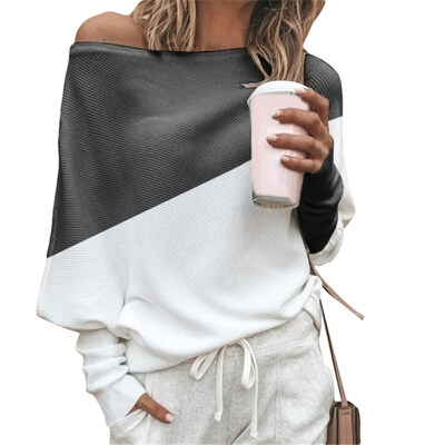 

Spring Autumn Women Sexy Color Block Off Shoulder Loose Long Sleeve T-Shirt Top