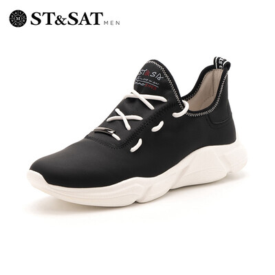 

Saturday Mens Shoes ST&SAT Cow Leather Lightweight Breathable Sports Running Joker Casual Shoes SS91123930 Black 38