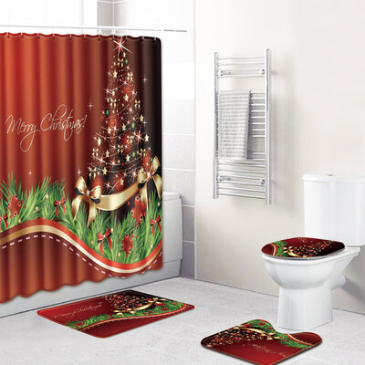

4Pcs Bathroom Mat Christmas Decoration Bath Toilet Rug Seat Cover Shower Curtain