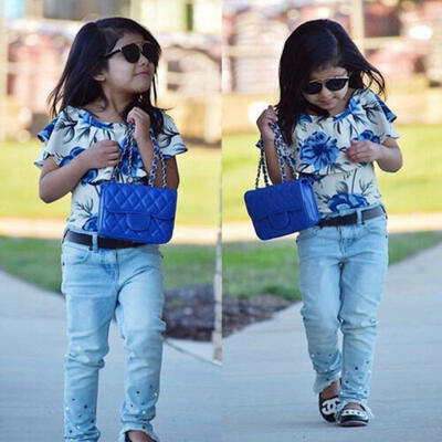 

Toddler Kids Baby Girl Floral Tops T-shirt Denim Pants Trouser Jeans Clothes Set