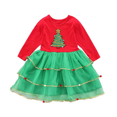 

New Year Baby Girl Cotton Dress For Girls AutumnChristmas Tree Print Holiday Children Clothing Party Tulle Kids Costume