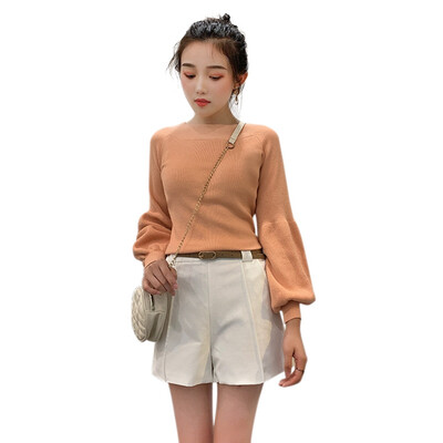 

Lantern Sleeve Slim Pullover Sweater Women New Word Collar Solid Color Casual Fashion Long Slim Sweater