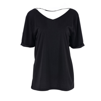 

Summer Women Sexy Backless T-shirts Tops Splicing Fashion Femme V-neck Casual Short Sleeve Black BacklessTee Shirt