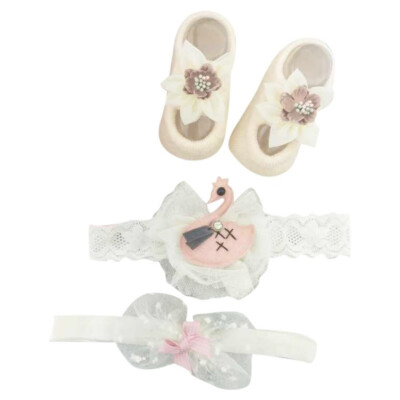 

Newborn Baby Cartoon Bowknot Flower Design Cotton Socks With Hairband Photography Props Set