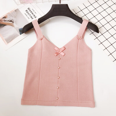 

Bow Button Beading Knitted Crop Tank Top Lace Up Cropped Tees Camis Women Sleeveless Casual V-Neck Pullover Korea Style