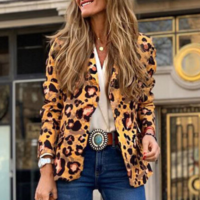 

Toponeto Women Jacket Formal Print Cardigan Button Ladies Office Leopard Suit Coat