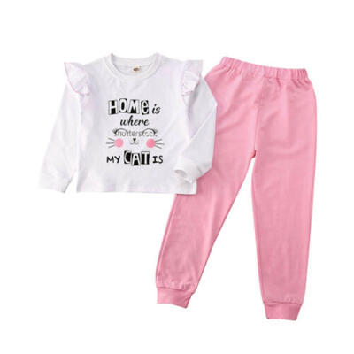 

Toddler Baby Kids Girl Clothes Cat T-shirt Ruffle Tops Solid Long Pants Outfit