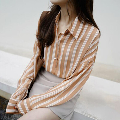 

Women Stripe Long Sleeve Blouse Button Down Lapel Collar Tops Office Work Shirts