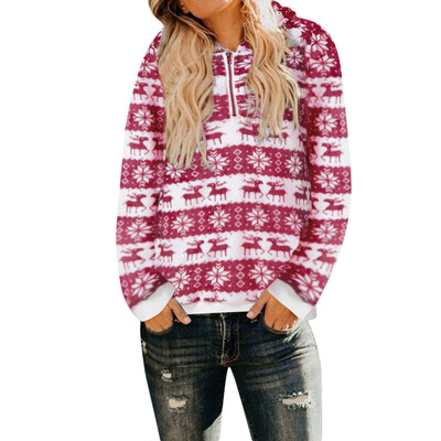 

Gobestart Women Christmas Hooded Sweatshirt Coat Winter Warm Wool Zipper Pockets Outwear