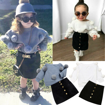 

2PCS Toddler Kids Baby Girls Hairball Tops Skirts Dress Winter Outfits Clothes