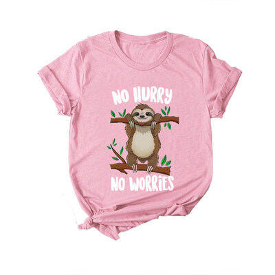 

No Hurry Worries Cute Cartoon Sloth Print Plus Size Women Summer T-Shirt Top