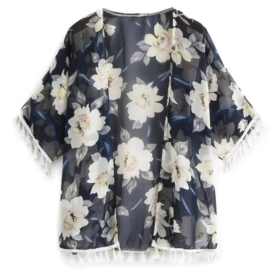 

Women Summer Fashion Cardigan Flower Printed Ladies Loose Blouses Kinomo Female Shirts