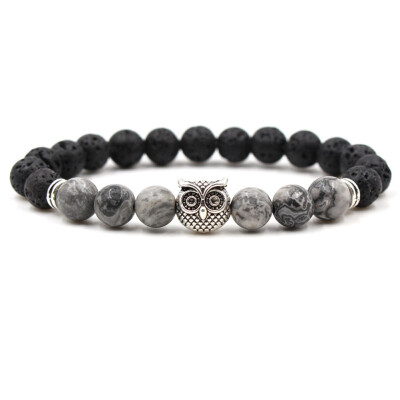 

8MM Black Lava Stone Tiger Eye Beads Silver Owl Charm Bracelet Essential Oil Diffuser Bracelet Yoga Energy Jewelry