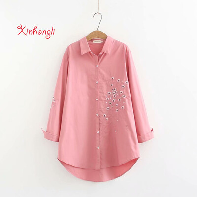 

Plus size Plum blossom Embroidery cotton women shirts 2019 spring NEW casual ladies loose blouse female yellow pink blue beige