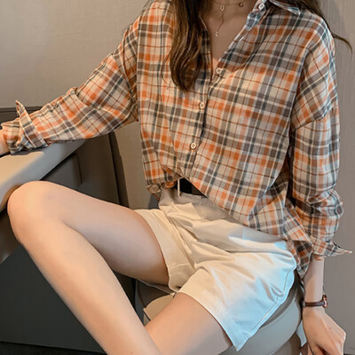 

Loose cotton Checkered plaid College blouses shirt 2019 Cage female long sleeve Casual women Blouse shirt office lady tops