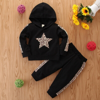 

Toddler Childrens Kids Tracksuit Leopard Hooded Tops Pants Outfits Clothes Set