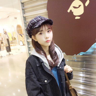 

Korean version of autumn&winter wool plaid octagonal hat leisure English berets students Joker port wind pumpkin hat tide girl