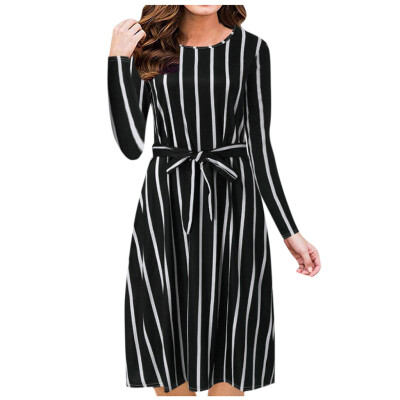 

Tailored Womens O-Neck Striped Long Sleeve Loose With Pockets Casual Long Dress