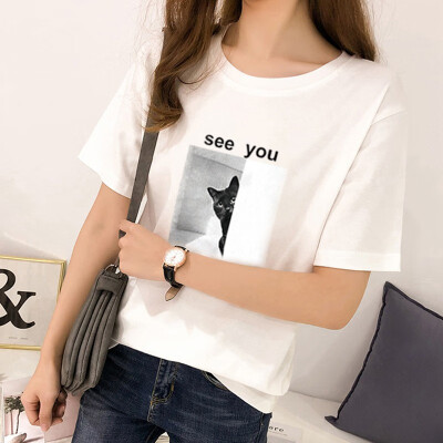 

Harajuku Summer Womens Oversize Cartoon Printed Letter Short-Sleeved T-shirt Shirt Round Neck Casual Loose T shirt Female