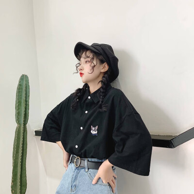 

Harajuku Cartoon Dog Print Blouse Tops Korean Causal Shirt 2019 Summer Loose Short Sleeve Turn-down Collar Shirts Woman Blusas