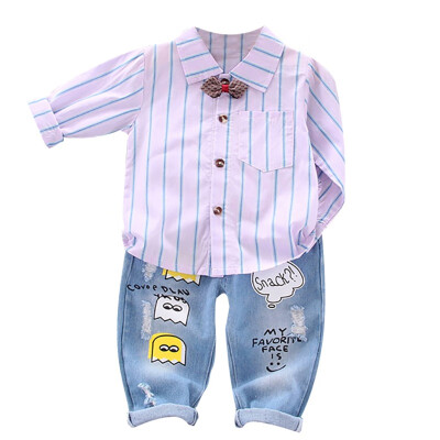 

Baby Boys Clothes Set Autumn Long Sleeve Striped Cat Print Shirt Blouse TopsDenim Pants Children Trouser Set