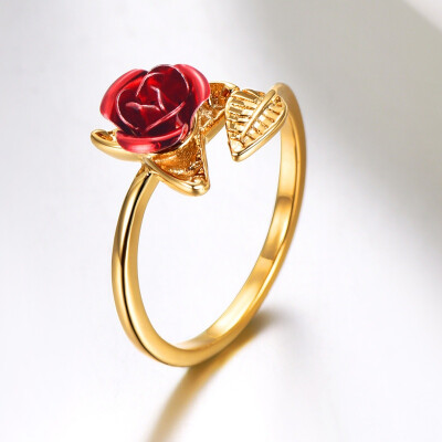 

Red Rose Garden Flower Leaves Resizable Finger Rings for Women Valentines Day Gift Jewelry Hot Sale 2019 Open Ring