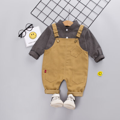 

Autumn Baby Boy Clothes Cute Plaid Print Fashion Long Sleeve Shirt Blouse Suspenders Trousers Casual Kids Clothes Spring 2pcs