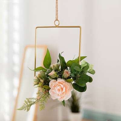 

Novelty Home Kitchen Wall Art Decoration Floral Gold Metal Geometric Hoop Wreath Artificial Flower Garland Hanging Pendant Decor
