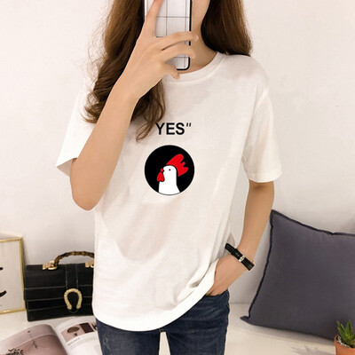 

New tshirt Womens Korean Style Round Neck tee shirt femme Cartoon Cock & Letters Print Short Sleeve T-Shirt