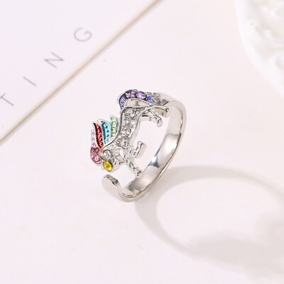 

Fashion Unicorn Rings Multicolored Diamond For Women Girls Lucky Adjustable Opening Cartoon Ring