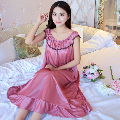 

Sexy Ice Slik Lace Sleepwear Skirt Sleeveless Temperament O-neck Ten Color Sleep Long Skirt Nightgown