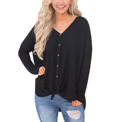

Casual Female Autumn Blouses Long Sleeve V-neck Buttons Blouse Shirts Irregular Knit Basic Tops Femme Tied Up Shirts