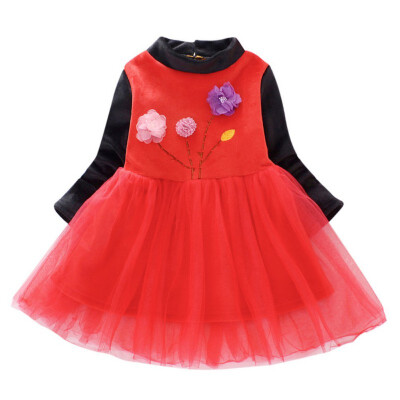 

Autumn Kids Dresses For Girls 1Y-7Y Cute Mesh Stitching Flower Embroidery Princess Long-Sleeved Sweet Dress 4Colors Prom Dress