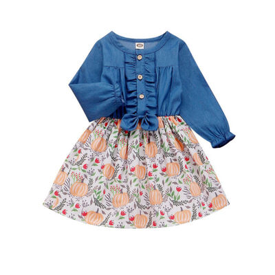 

cute baby girls clothes girls fall dress girls Halloween dress girls denim long sleeve dress with pumpkin print