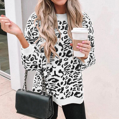 

Tailored Women O-Neck Leopard Print Pullover long Sleeve Loose Knitted Sweater Tops