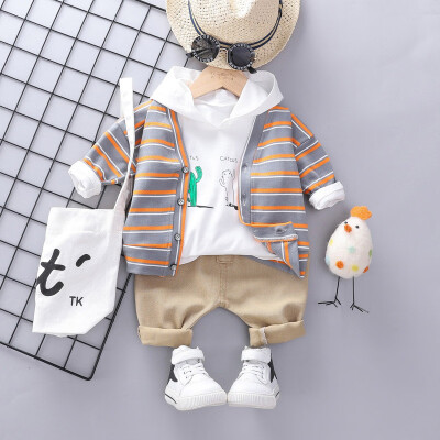 

New Autumn Fashion Casual Cactus Print Striped Boy Set Hoodie Pants Cardigan 3pcs Toddler Childrens Set 0-3T Baby Boy Clothes