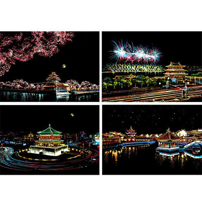 

DIY Scratching Painting Postcard Night Scenes Scratching Classical City Sign Greeting Cards Scraper Tools Birthday Gift