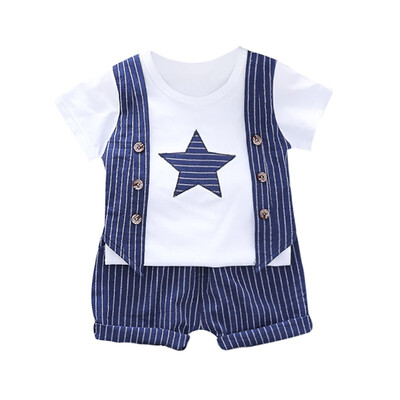 

Kids Clothes Set Summer Boy Clothes Fake 2 Piece Stripe Print Tops Blouse T-shirtShorts Children Casual Outfits Sets