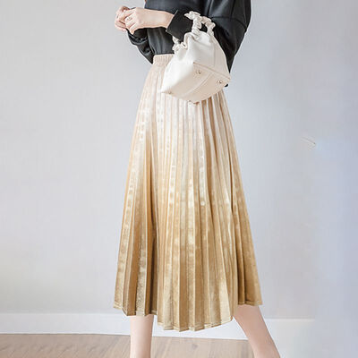 

Gradient Color Gold Velvet Skirt Women Korean Long Midi Pleated Skirts High Waist Sweet Preppy Casual Skirts