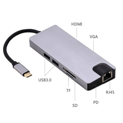 

Type C USB Hub Card Reader for Macbook Pro Mate Pro X E 8 In 1 Type C to SDTF USB302 HDMI VGA PD Ethernet Lan RJ45 Adapter
