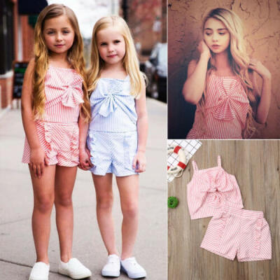 

Toddler Kids Baby Girl Summer Bow Tops T-shirt Shorts Pants 2Pcs Outfits Clothes