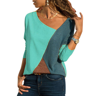 

Womens Stitching Contrast Color T-shirt Round Neck Long-sleeved 2019 Hot Sale Casual New T-shirt